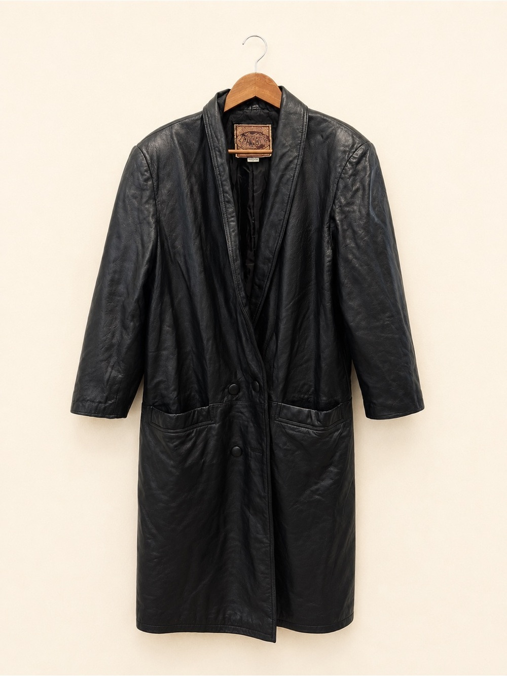 Vintage International Leather Black Genuine Leather Long Coat Petite L